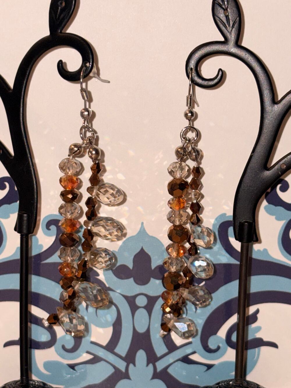 Amber & Bronze Crystal Beaded Waterfall Dangle Earrings Layered Faceted Drop